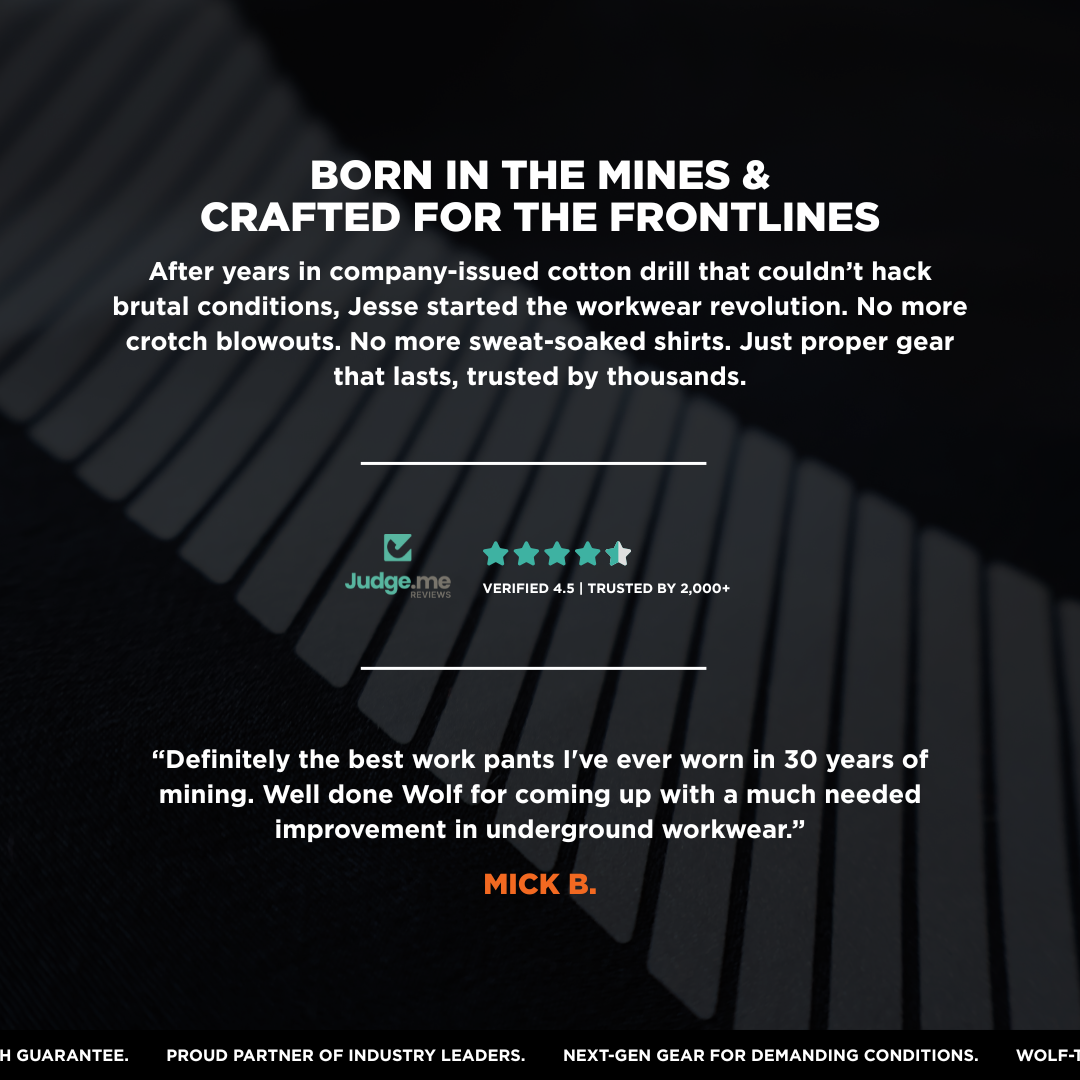 Text on a dark background about workwear, featuring a quote and rating from a customer.