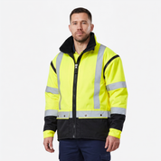 Ironhide 3-in-1 oilskin work jacket front view in hi-vis yellow with reflective strips