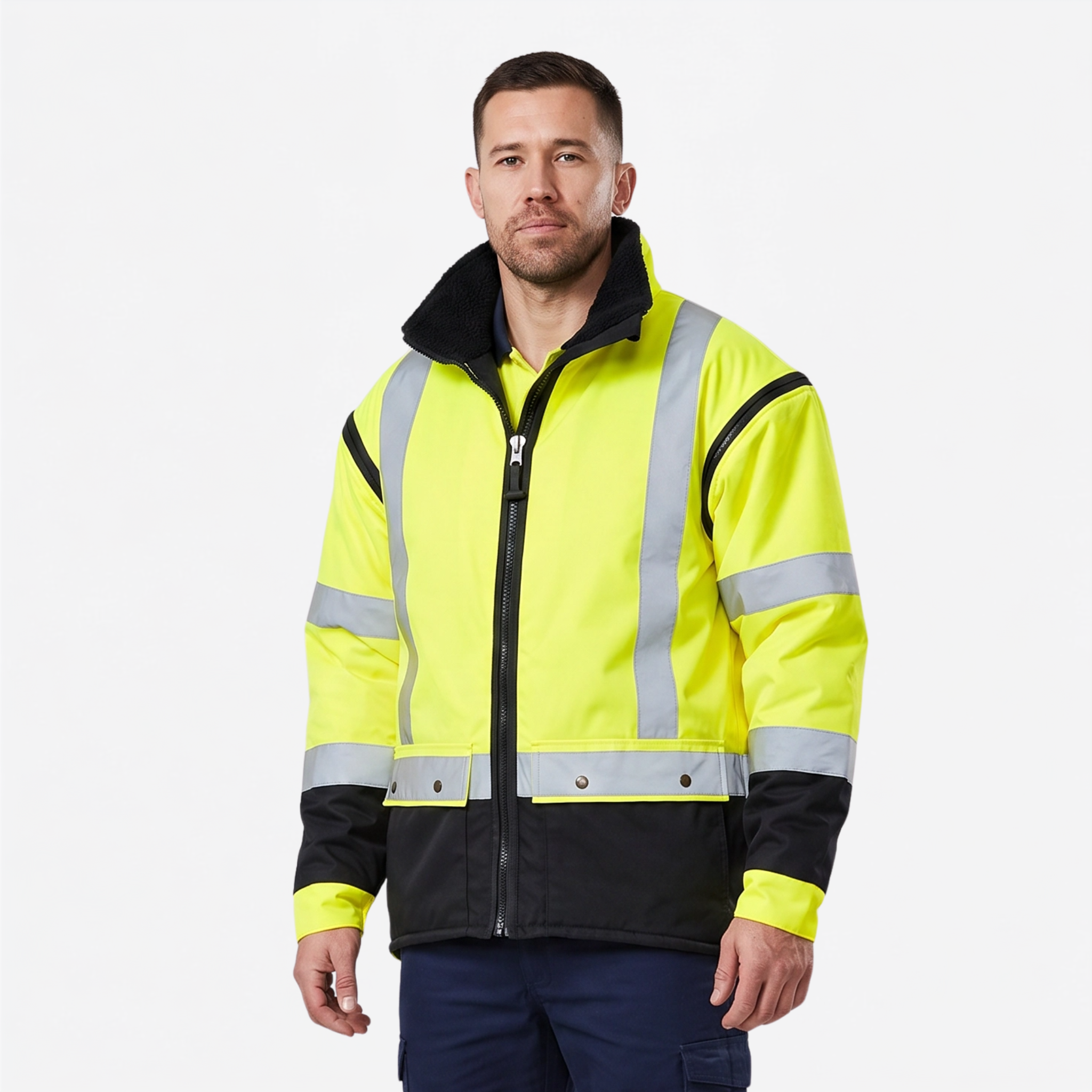 Ironhide 3-in-1 oilskin work jacket front view in hi-vis yellow with reflective strips