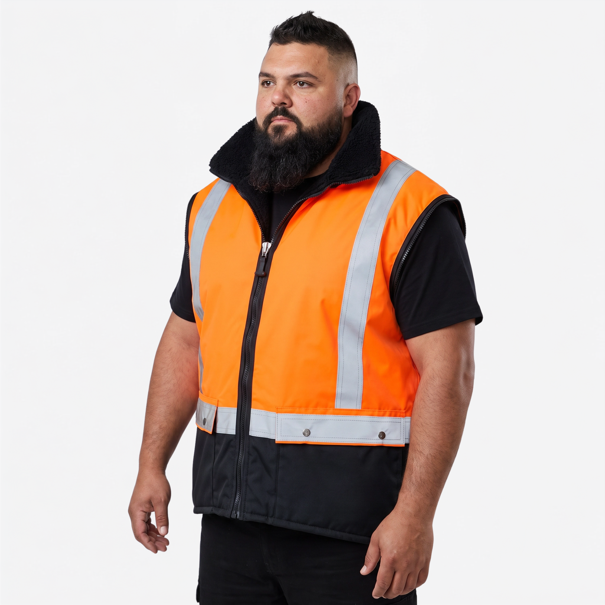 Ironhide work jacket vest mode with sleeves detached in orange