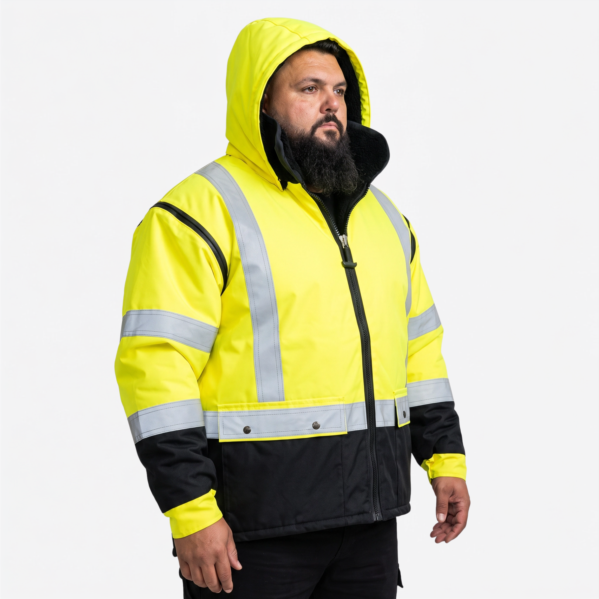 Ironhide work jacket vest mode with sleeves detached in yellow