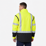 Ironhide 3-in-1 oilskin work jacket front view in hi-vis orange with reflective strips