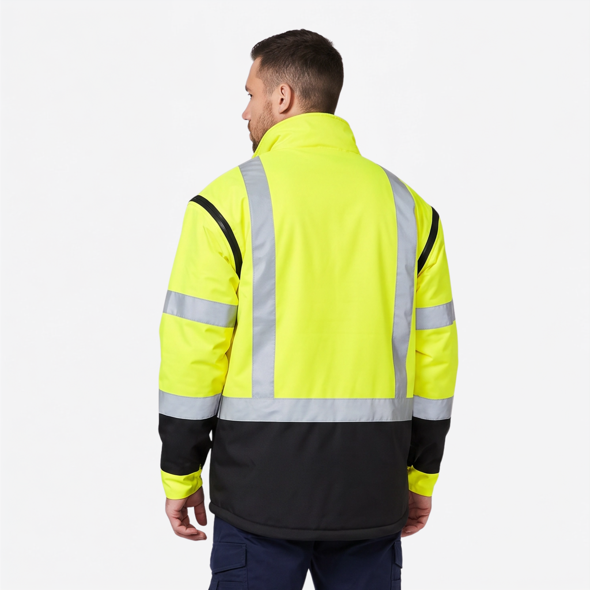 Ironhide 3-in-1 oilskin work jacket front view in hi-vis orange with reflective strips
