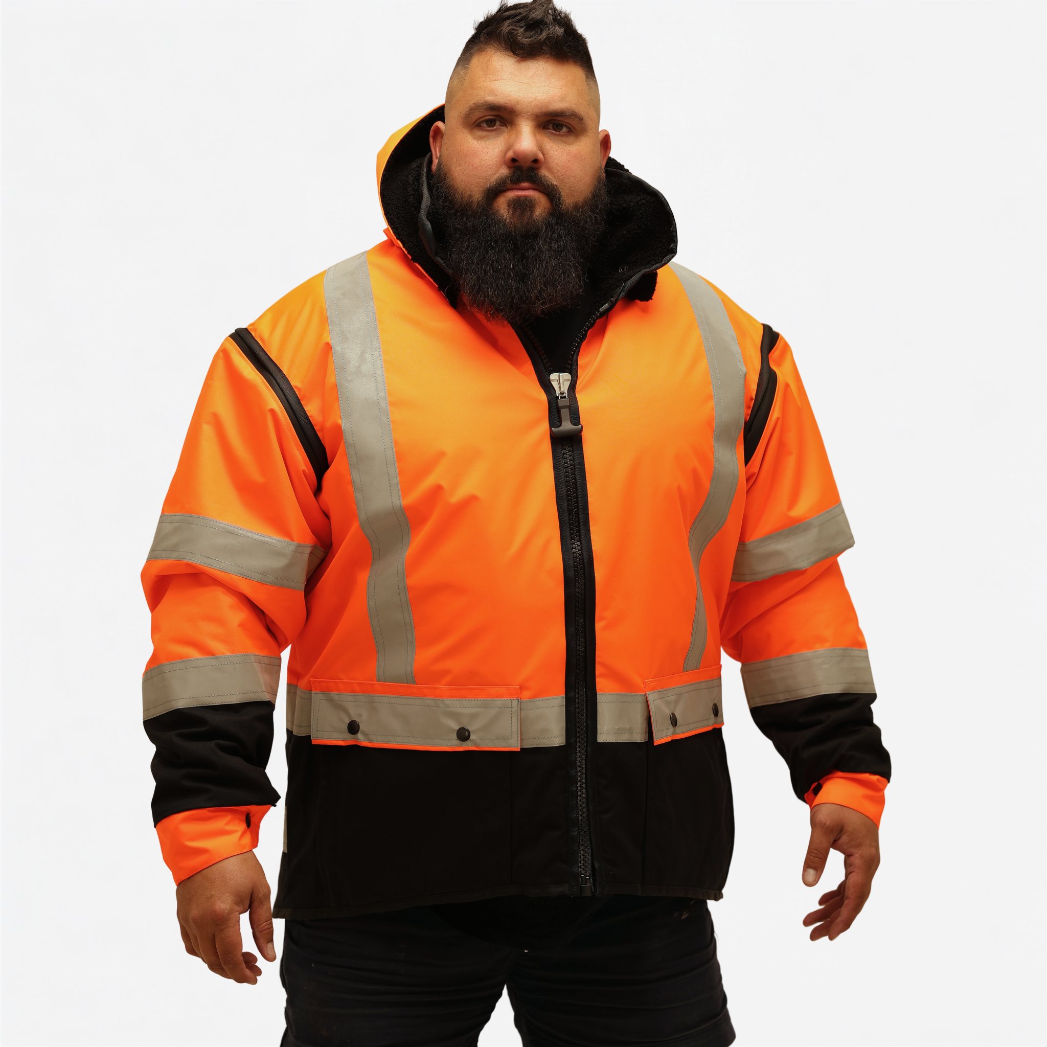 Ironhide 3-in-1 work jacket showing detachable hood and sherpa lining