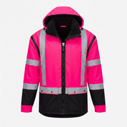 Ironhide jacket back view showing reflective tape and oilskin lower panels - women's cut