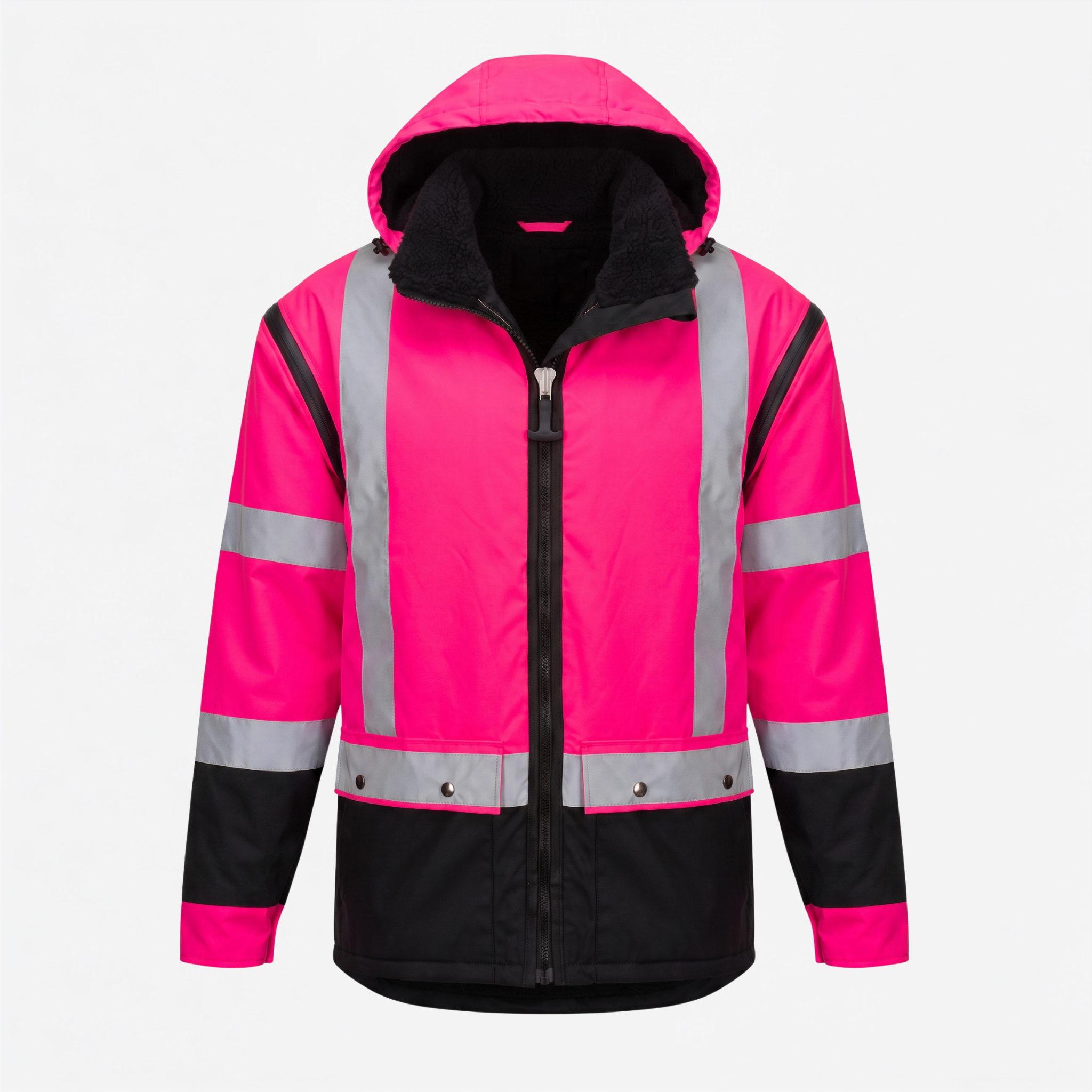 Ironhide jacket back view showing reflective tape and oilskin lower panels - women's cut