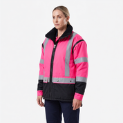 Ironhide 3-in-1 hi-vis oilskin work jacket front view in pink with reflective strips - women's cut