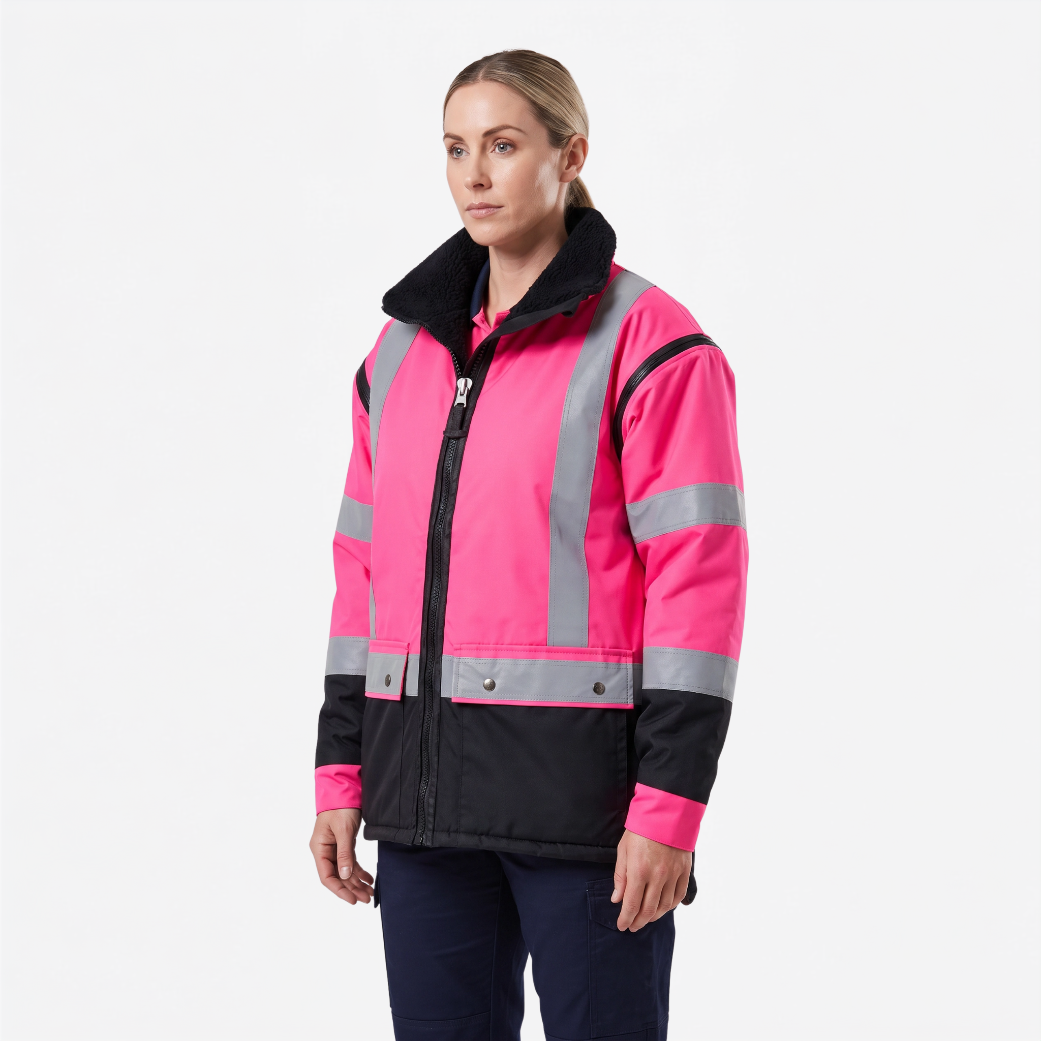 Ironhide 3-in-1 hi-vis oilskin work jacket front view in pink with reflective strips - women's cut