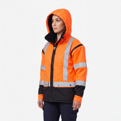 Ironhide 3-in-1 hi-vis oilskin work jacket front view in orange with reflective strips - women's cut