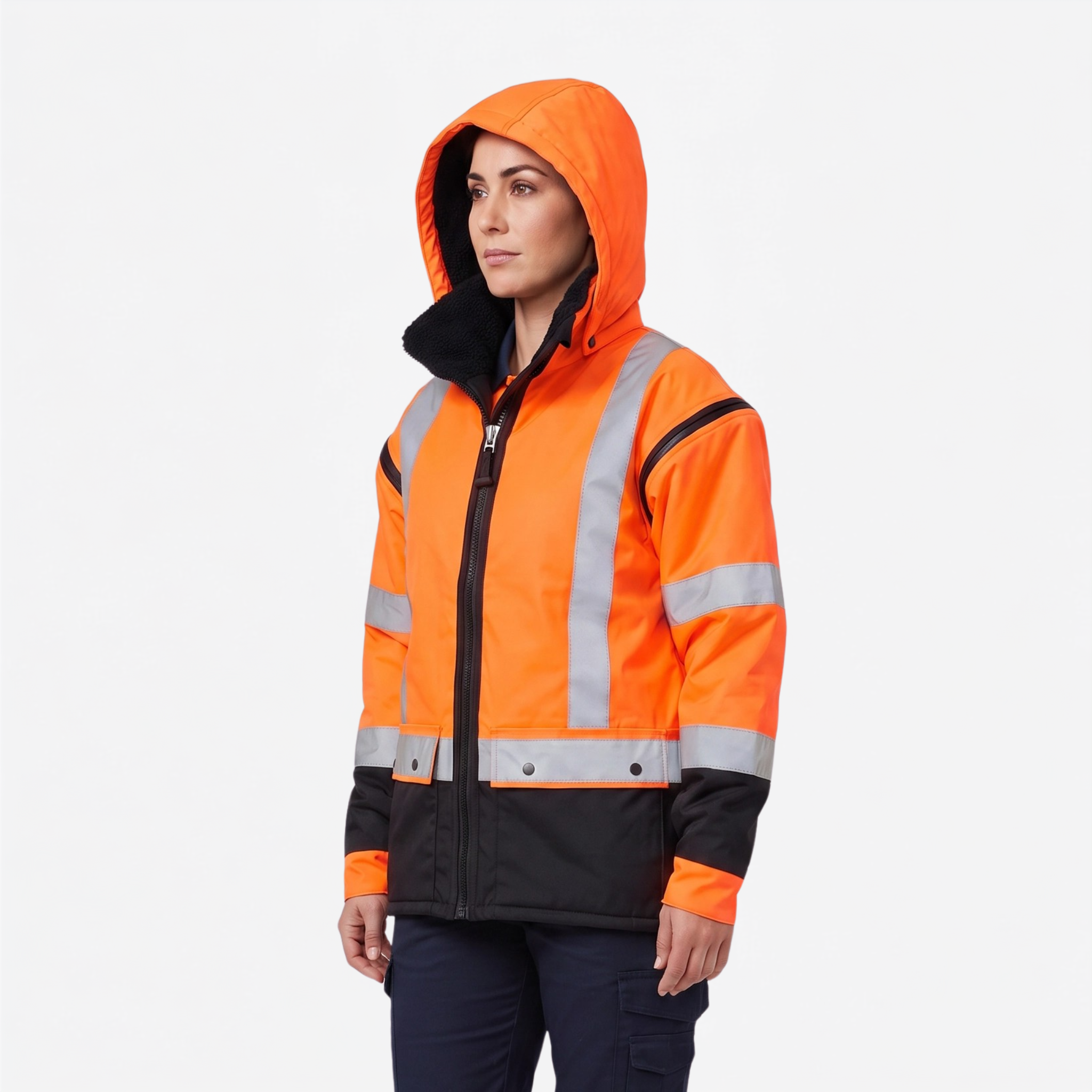 Ironhide 3-in-1 hi-vis oilskin work jacket front view in orange with reflective strips - women's cut