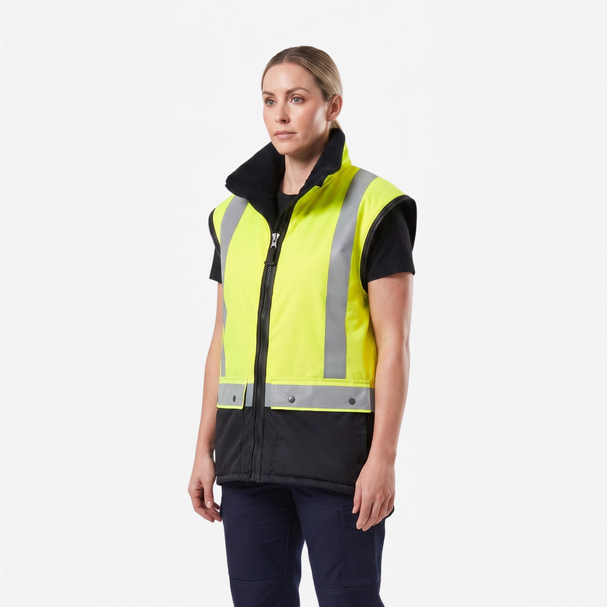 Ironhide 3-in-1 hi-vis oilskin work jacket front view in yellow with reflective strips - women's cut