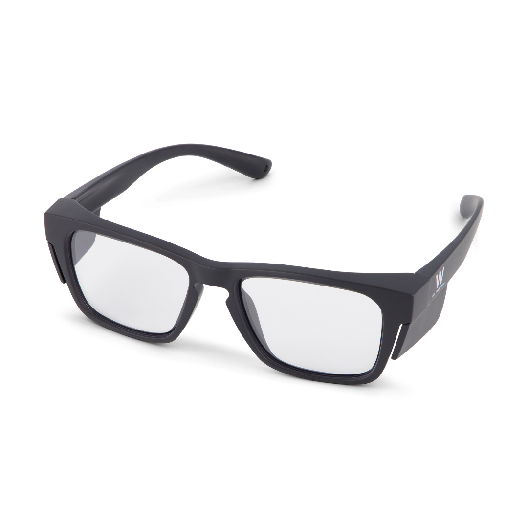 Black blue light blocker safety glasses on a white background