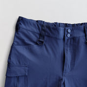 A pair of navy blue work pants with a visible belt loop, button, and zipper detail. The pants appear to be made of a durable fabric and have a straight leg cut.