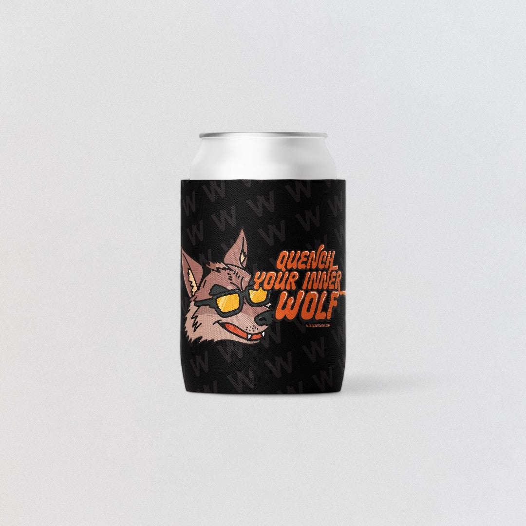 Can cooler with wolf design and text 'Quench Your Inner Wolf' on a white background