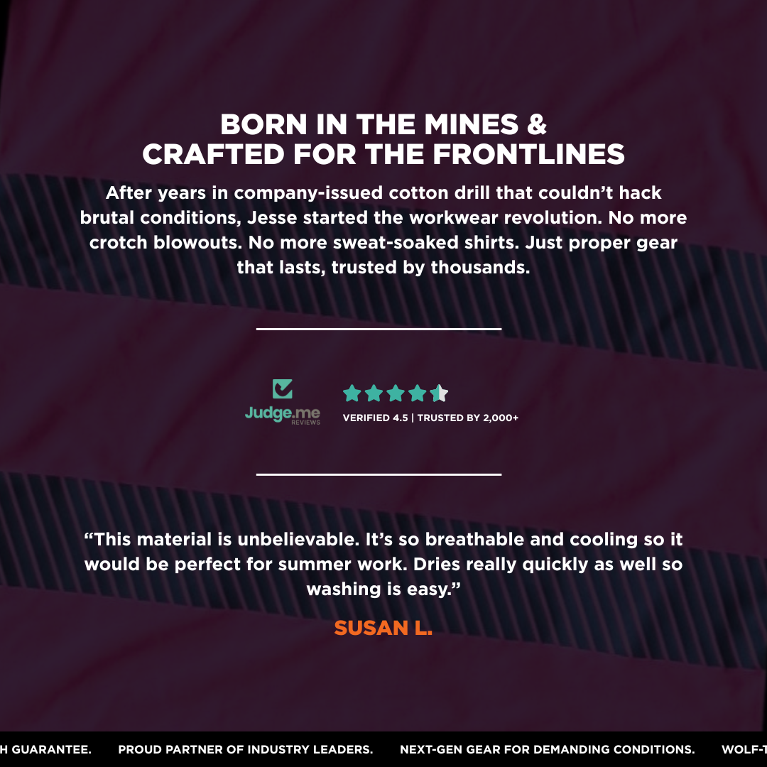 Text on a dark background about workwear material, featuring a brand logo and customer review.