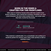 Text on a dark background about workwear material, featuring a brand logo and customer review.