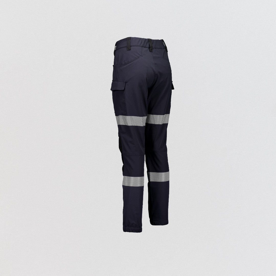 Navy work pants with reflective stripes on a light gray background