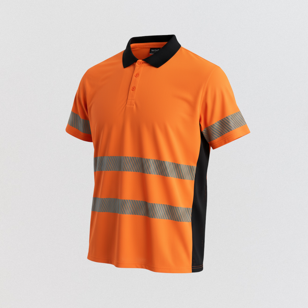 Orange polo shirt with reflective stripes on a gray background