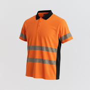 Orange polo shirt with reflective stripes on a gray background
