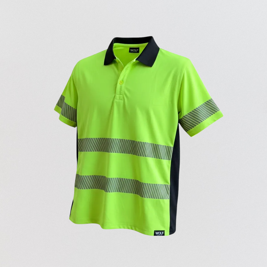 Hi-visibility yellow shirt with reflective stripes on a gray background