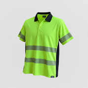 Hi-visibility yellow shirt with reflective stripes on a gray background