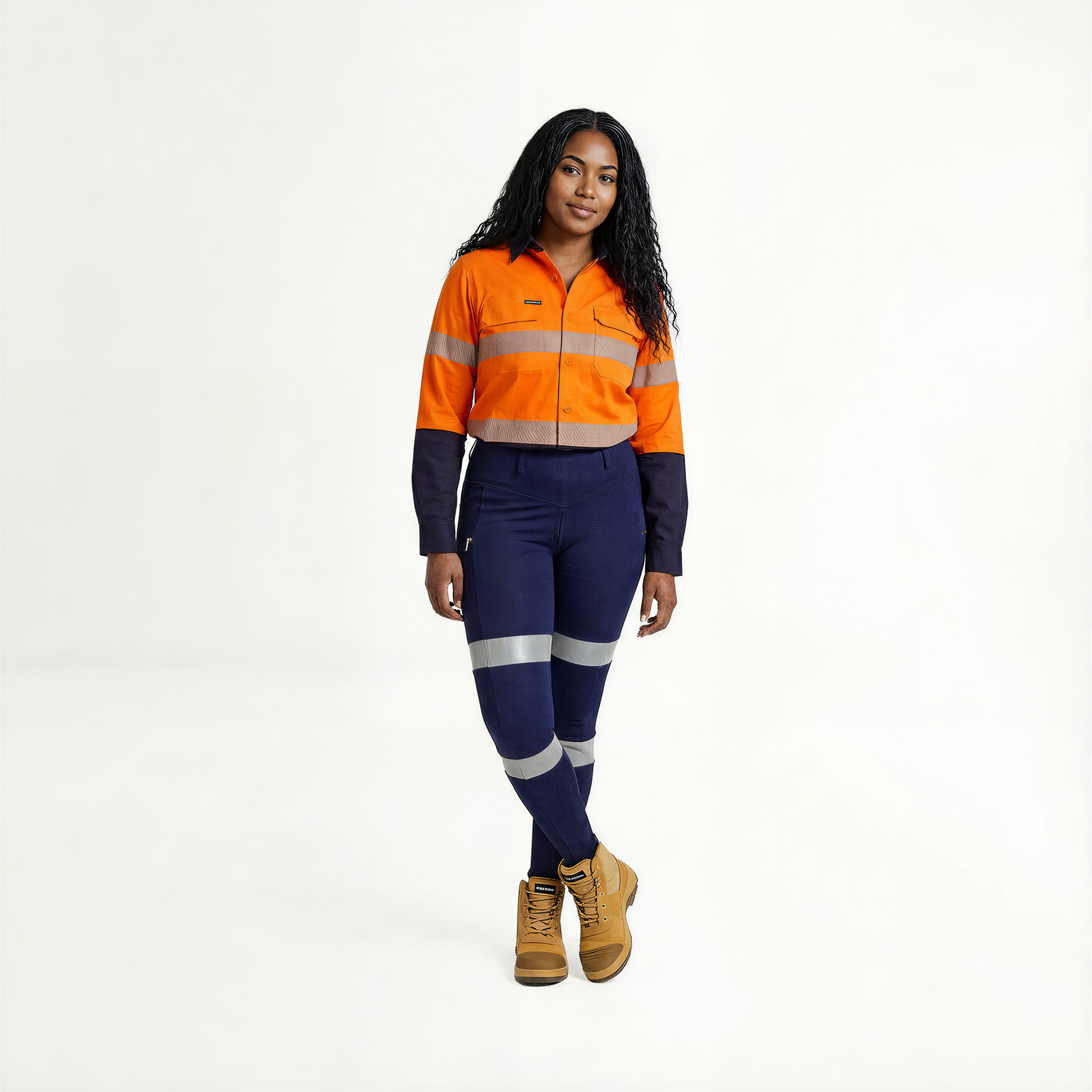 Person wearing an orange and blue work outfit with reflective elements on a white background
