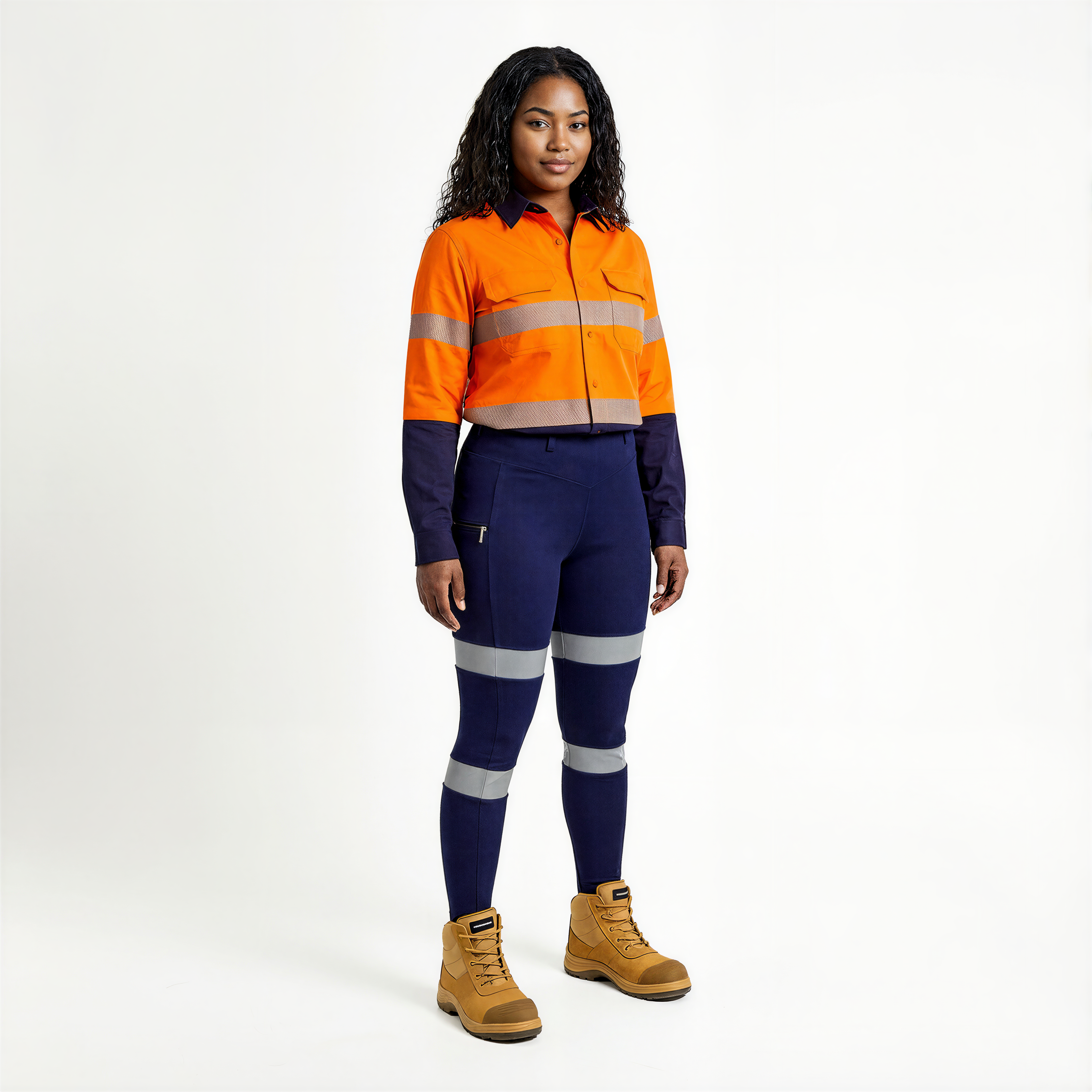 Person wearing an orange and navy work outfit with reflective stripes on a white background