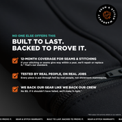 Promotional graphic for Seam & Stitch with warranty information on a black background