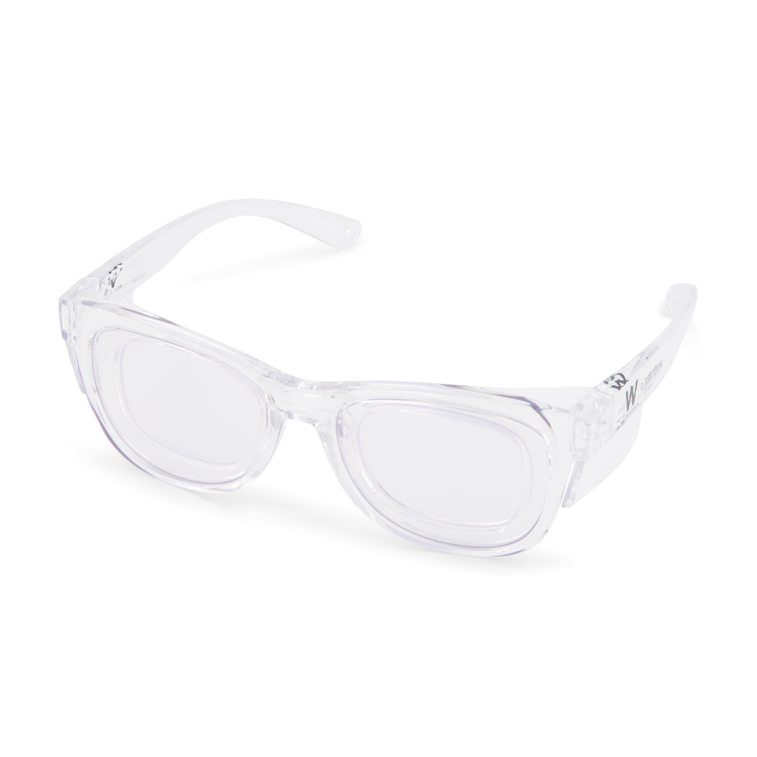 Clear prescription safety glasses on a white background